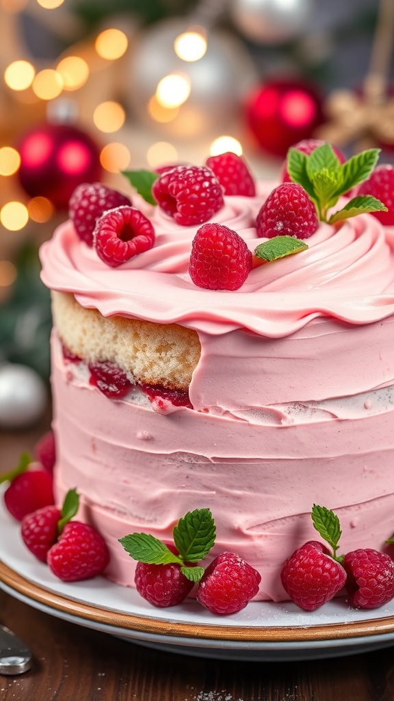A festive pink Christmas cake with raspberry filling and frosting, decorated with fresh raspberries and mint.